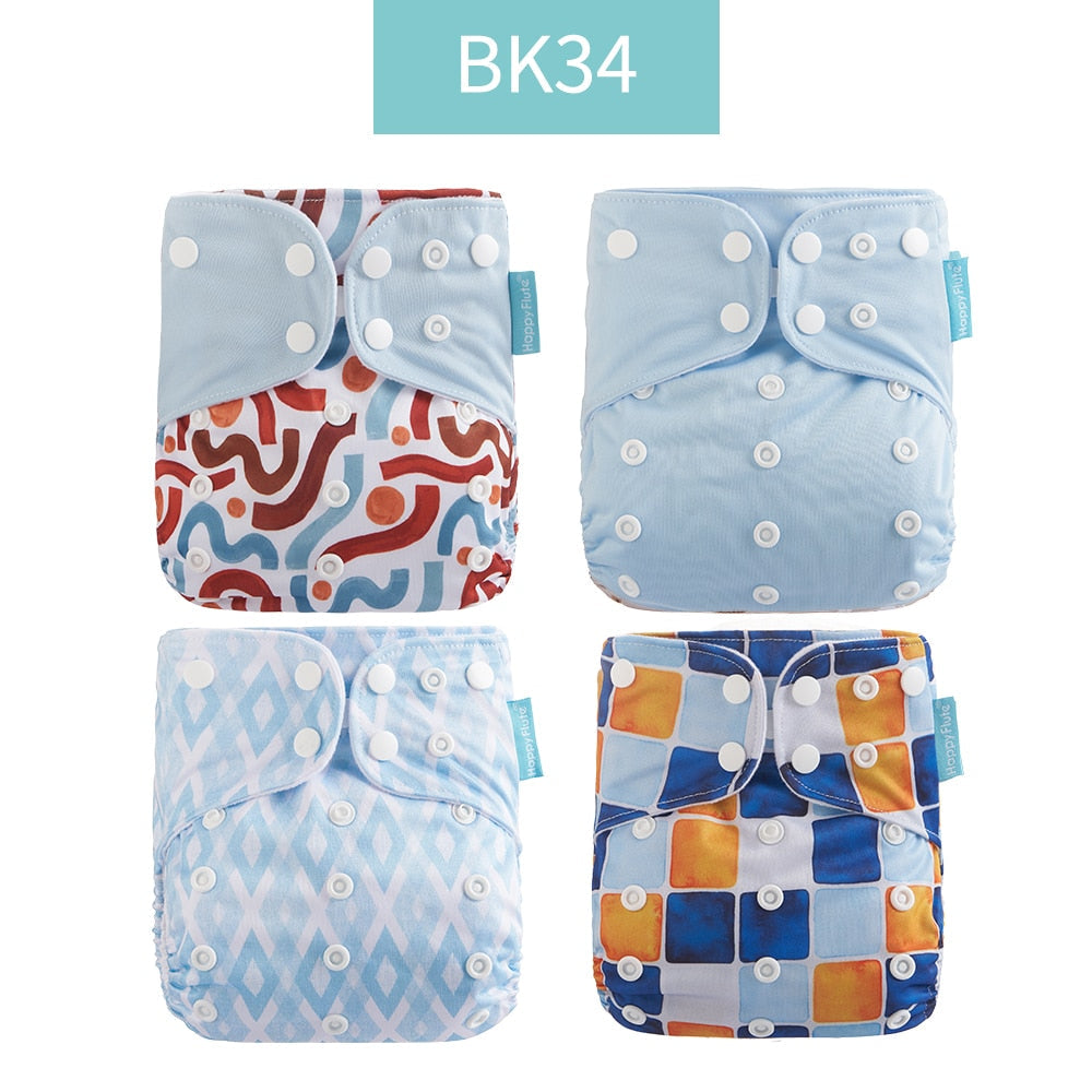 Set of four washable and adjustable cloth diapers made from eco-friendly materials, suitable for babies weighing 3-15kg.