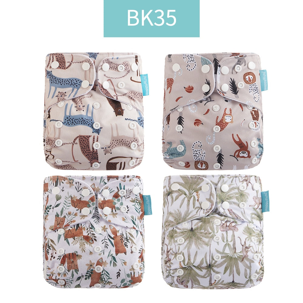 Set of four washable and adjustable cloth diapers made from eco-friendly materials, suitable for babies weighing 3-15kg.