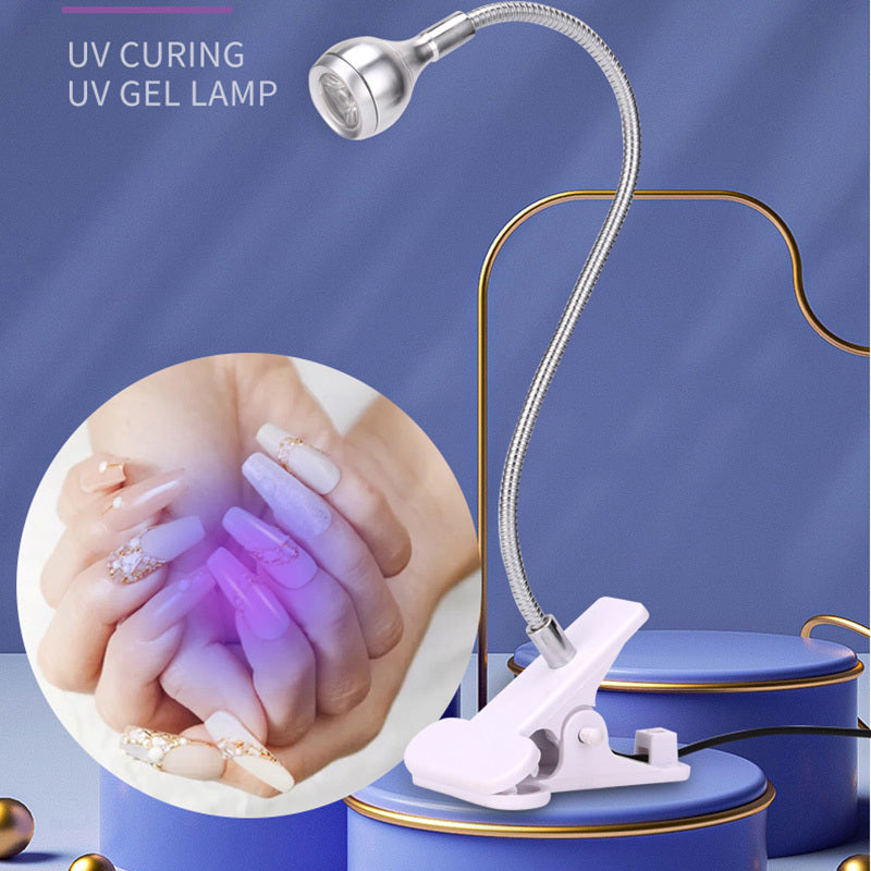 Clip-on flexible metal tube UV lamp for DIY nail art, powered by USB. Fast curing for gel nails with LED ultraviolet lights.