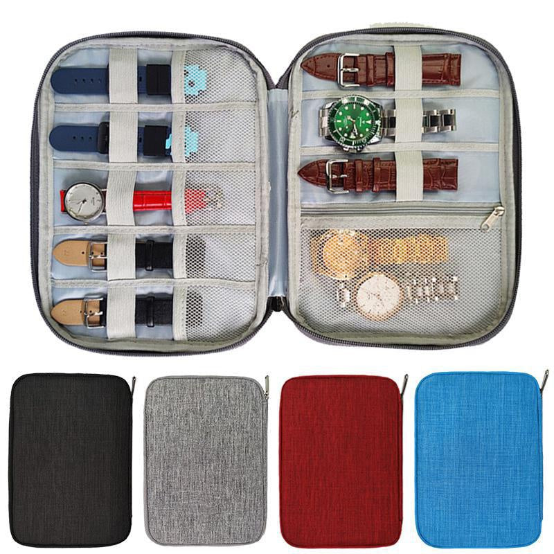 Organize your Apple Watch straps with this versatile Polyester Watch Organizer Case. Perfect for travel, this Portable Storage Bag features adjustable dividers and a fabric-lined rectangle holder pouch.