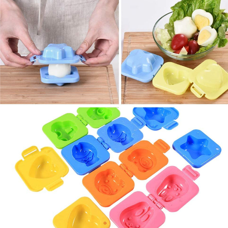 Set of four plastic 3D cartoon egg shapers for creating fun boiled egg shapes, safe for food contact. Ideal for making bento lunches and adding decoration to lunch boxes, this kitchen gadget is a must-have accessory.