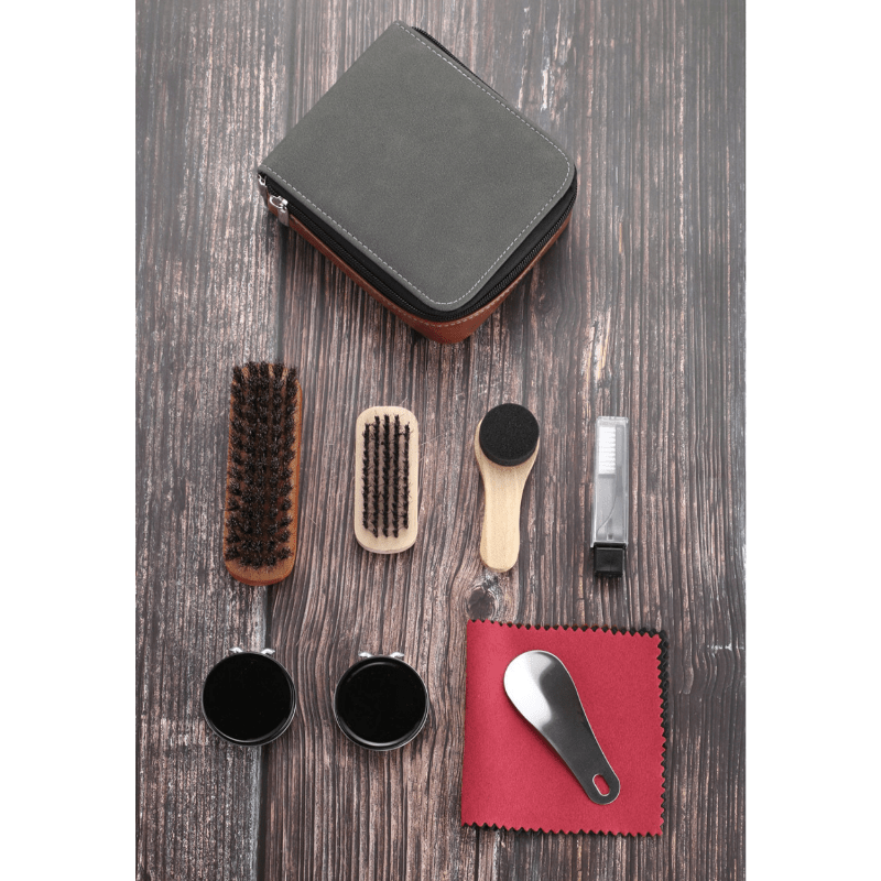 9 or 11-piece horse hair brush shoe care set with oil