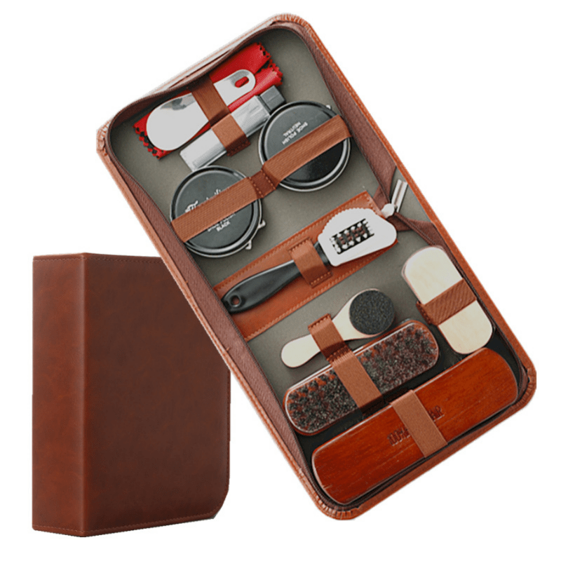 9 or 11-piece horse hair brush shoe care set with oil