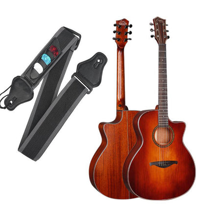 Adjustable guitar strap suitable for electric, acoustic, and bass guitars, with detachable paddles included.