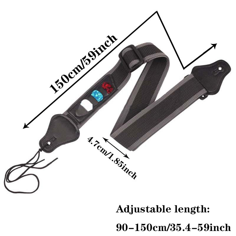 Adjustable guitar strap suitable for electric, acoustic, and bass guitars, with detachable paddles included.