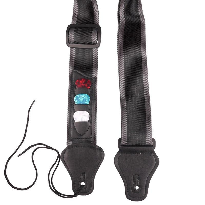 Adjustable guitar strap suitable for electric, acoustic, and bass guitars, with detachable paddles included.