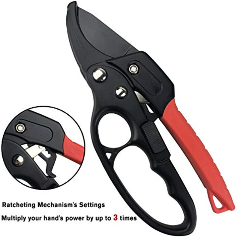 One professional ratchet anvil pruning shears with reinforced handle and anvil groove design for garden pruning.