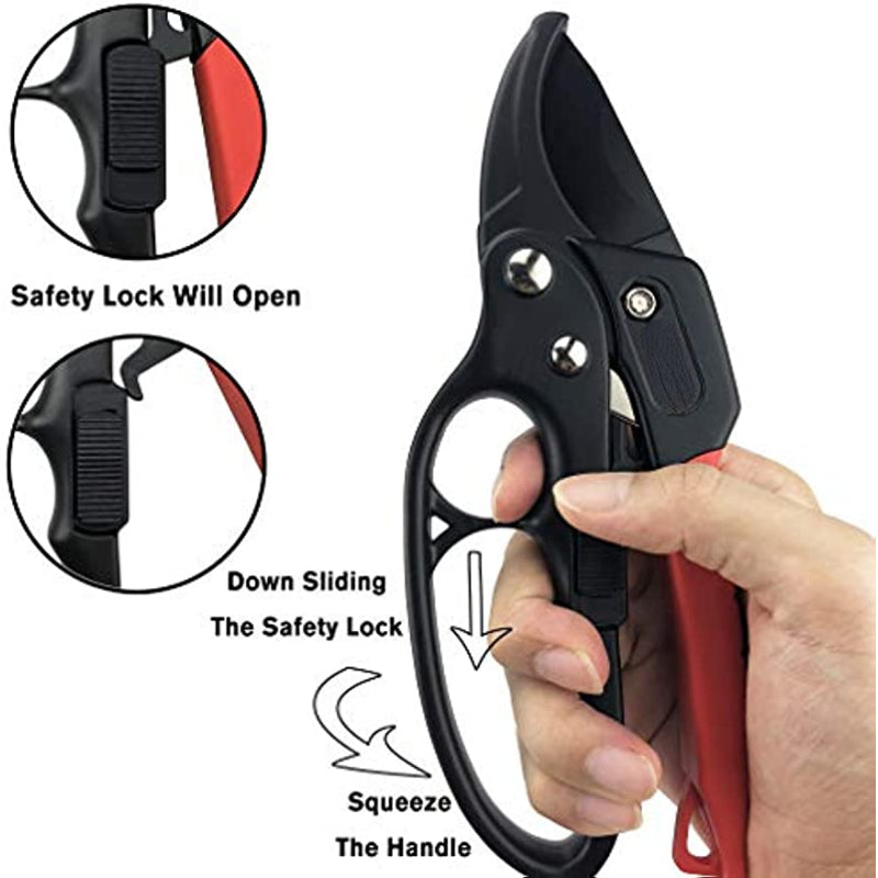 One professional ratchet anvil pruning shears with reinforced handle and anvil groove design for garden pruning.