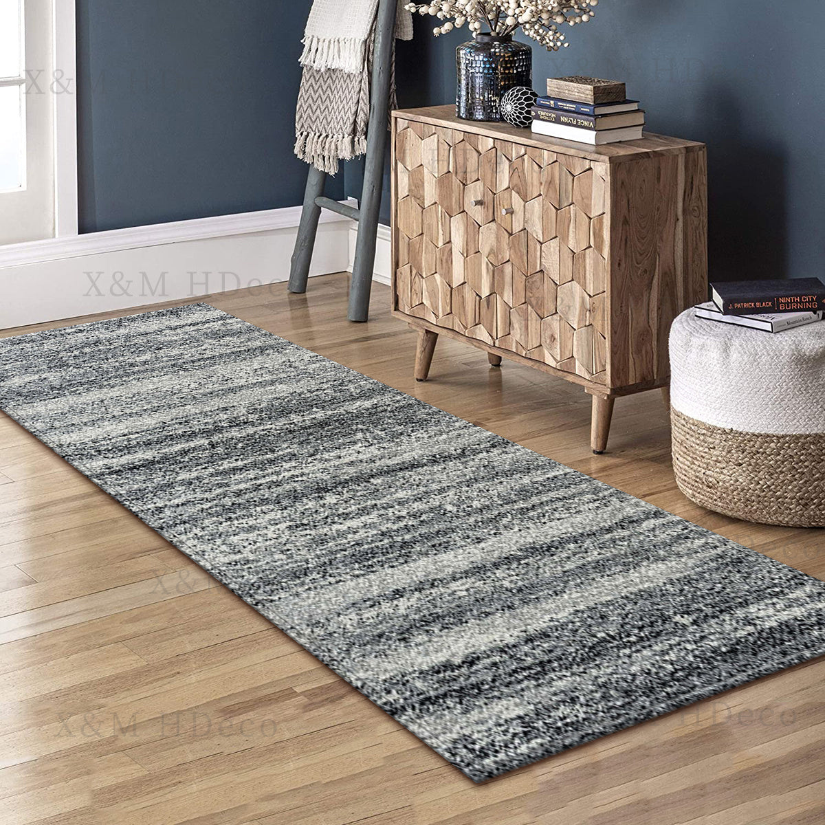 One piece of Contemporary Transitional Gray Runner Rug, featuring a non-skid washable design for use in laundry rooms, kitchens, hallways, or as an accent piece. The distressed floor carpet comes in various sizes: 40*60cm, 50*80cm, 50*120cm, 50*160cm