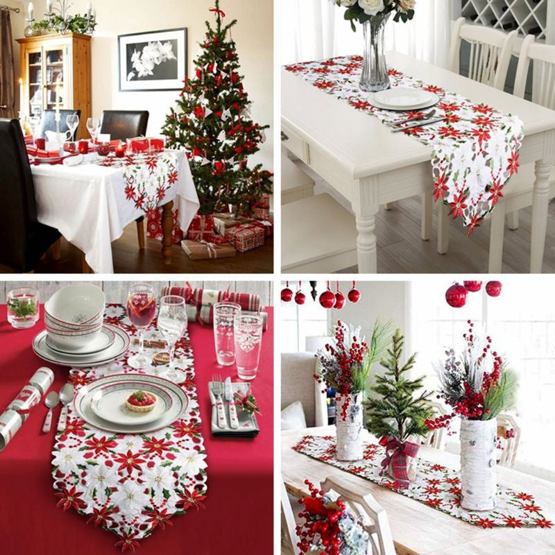 New Christmas printed tablecloths and embroidered table runners in various sizes for table decoration supplies at parties or picnics. Available in 28x43cm, 38x176cm, and 38x220cm.