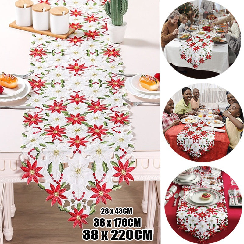 New Christmas printed tablecloths and embroidered table runners in various sizes for table decoration supplies at parties or picnics. Available in 28x43cm, 38x176cm, and 38x220cm.