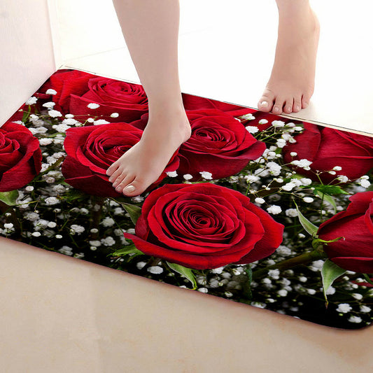 Flower print mat with rose design, perfect for bedroom or living room entrance. This floral carpet adds a touch of elegance to your home decor. Ideal for hallway, bathroom, or as a wedding decoration.