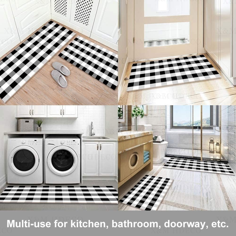 Square gradient black and white rugs, featuring a modern print design. These rugs are ideal for use as door mats, anti-slip mats, kitchen rugs, and can be placed in entrances, kitchens, and bathrooms. Available in 5 different sizes: 40x60cm, 50x80cm