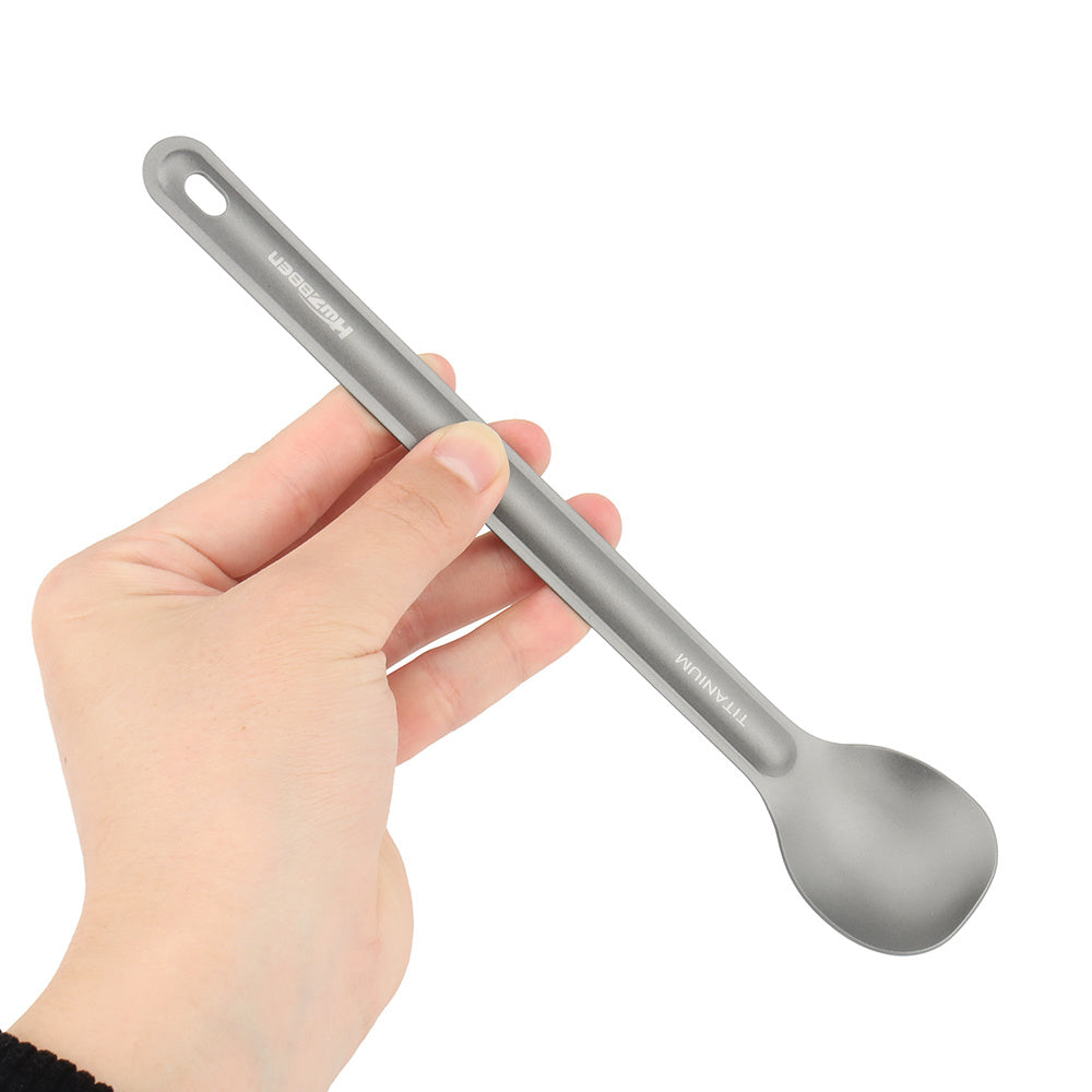 Titanium Long Handle Spoon Fork, perfect for picnics and travel - lightweight and durable outdoor tableware.