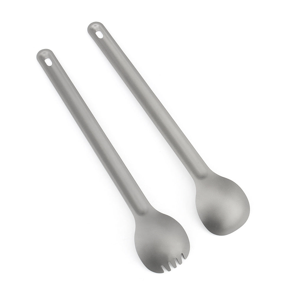 Titanium Long Handle Spoon Fork, perfect for picnics and travel - lightweight and durable outdoor tableware.