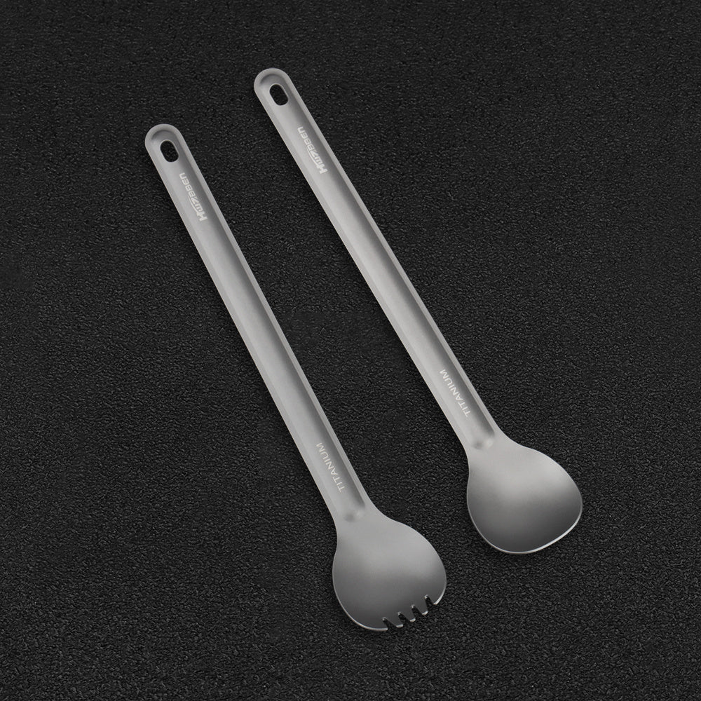 Titanium Long Handle Spoon Fork, perfect for picnics and travel - lightweight and durable outdoor tableware.