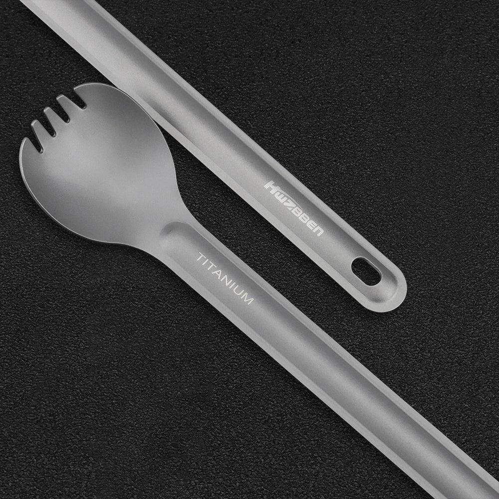 Titanium Long Handle Spoon Fork, perfect for picnics and travel - lightweight and durable outdoor tableware.