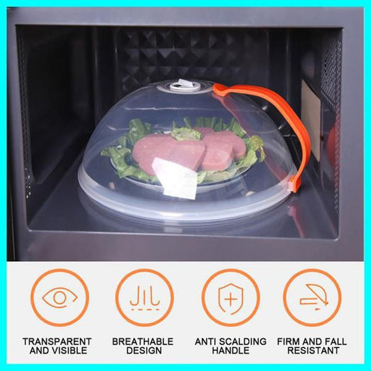 Protect your food with this durable transparent splash-proof cover featuring an easy-grip orange handle. This cover is designed with an oil and steam vent, making it perfect for heating vegetables and more in the microwave oven. A kitchen essential for