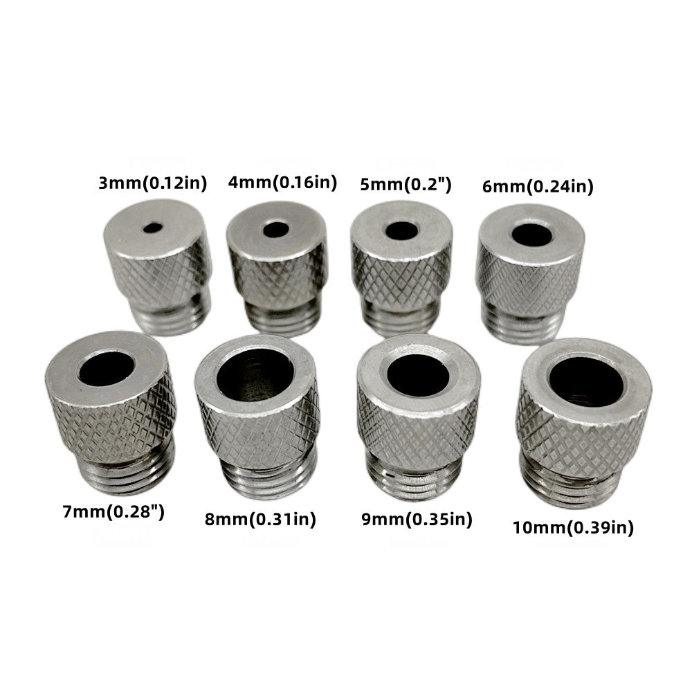 Woodworking drill guide sleeves made of stainless steel for 3mm-10mm, used as bushing for doweling and pocket hole jigs.