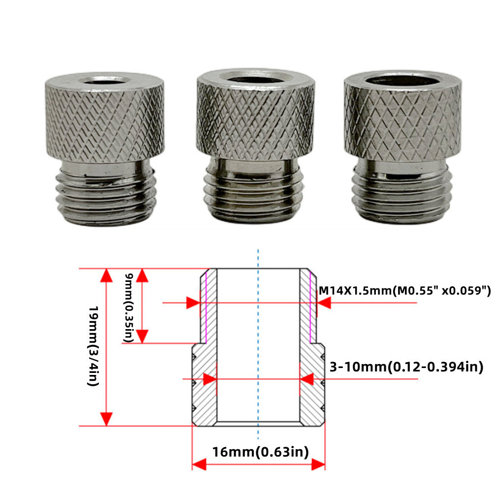 Woodworking drill guide sleeves made of stainless steel for 3mm-10mm, used as bushing for doweling and pocket hole jigs.