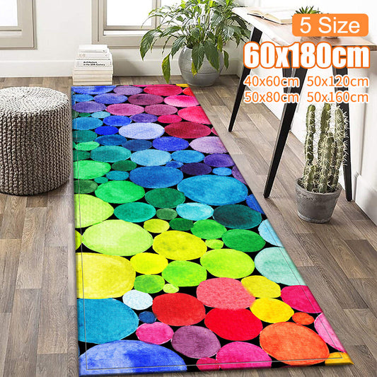 1Pc of 3D Rainbow Stone Area Rugs available in 5 different sizes (40*60cm, 50*80cm, 50*120cm, 50*160cm, 60*180cm). These versatile rugs can be used as runner rugs for kitchen, laundry hallway, entrance doormat, non-slip bath mats, and water absorbent