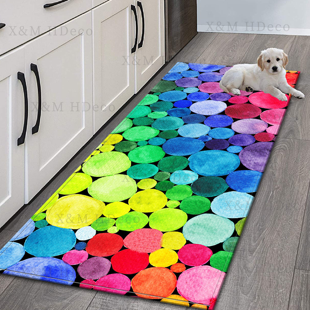 1Pc of 3D Rainbow Stone Area Rugs available in 5 different sizes (40*60cm, 50*80cm, 50*120cm, 50*160cm, 60*180cm). These versatile rugs can be used as runner rugs for kitchen, laundry hallway, entrance doormat, non-slip bath mats, and water absorbent