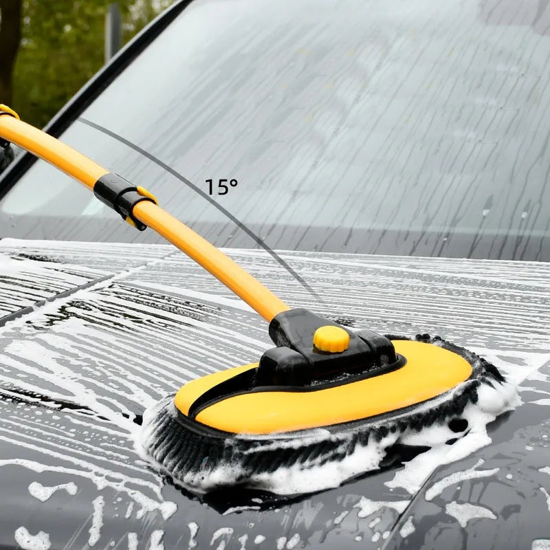 Telescoping car cleaning brush with long handle, chenille mop, and microfiber bristles. Adjustable length for easy use.