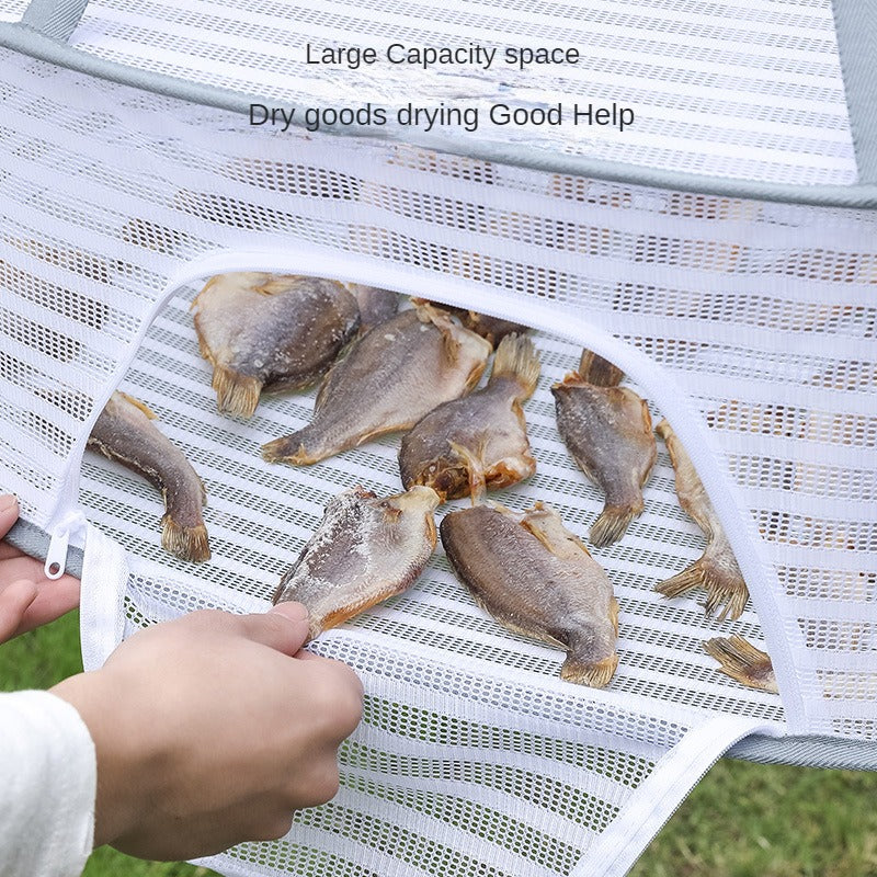 Foldable fish drying rack with non-toxic polyester mesh, suitable for shrimp, fish, fruits, vegetables, and herbs. Features a zipper fly cage for hanging drying. Ideal for outdoor storage.