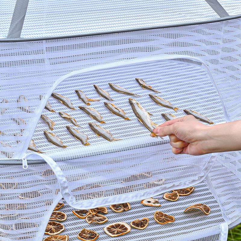 Foldable fish drying rack with non-toxic polyester mesh, suitable for shrimp, fish, fruits, vegetables, and herbs. Features a zipper fly cage for hanging drying. Ideal for outdoor storage.