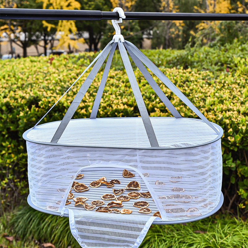 Foldable fish drying rack with non-toxic polyester mesh, suitable for shrimp, fish, fruits, vegetables, and herbs. Features a zipper fly cage for hanging drying. Ideal for outdoor storage.