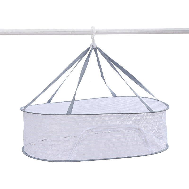 Foldable fish drying rack with non-toxic polyester mesh, suitable for shrimp, fish, fruits, vegetables, and herbs. Features a zipper fly cage for hanging drying. Ideal for outdoor storage.