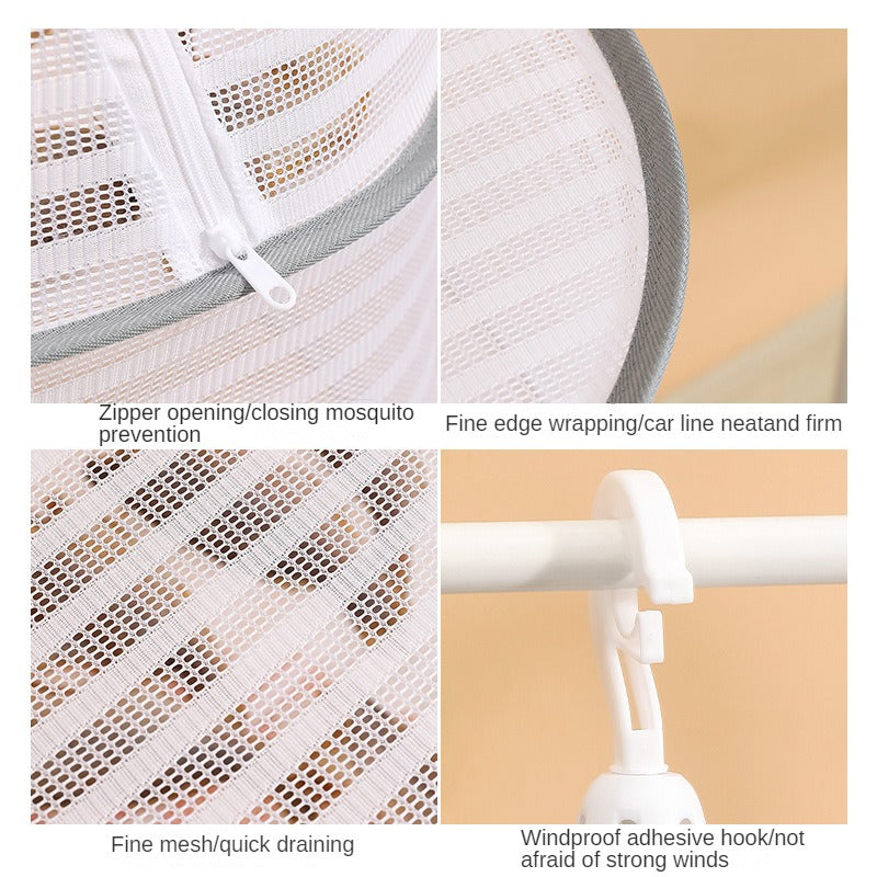 Foldable fish drying rack with non-toxic polyester mesh, suitable for shrimp, fish, fruits, vegetables, and herbs. Features a zipper fly cage for hanging drying. Ideal for outdoor storage.