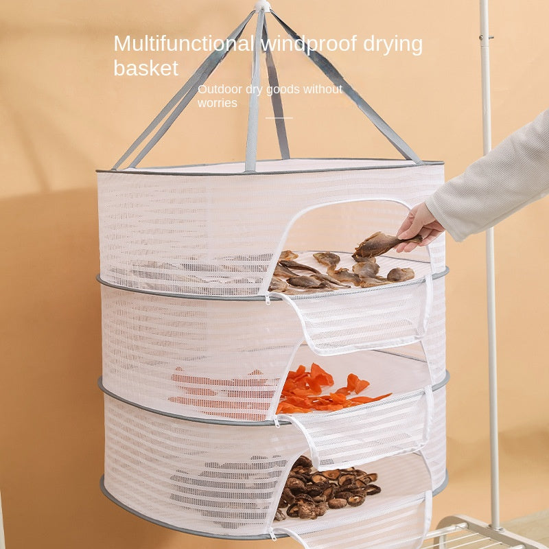 Foldable fish drying rack with non-toxic polyester mesh, suitable for shrimp, fish, fruits, vegetables, and herbs. Features a zipper fly cage for hanging drying. Ideal for outdoor storage.