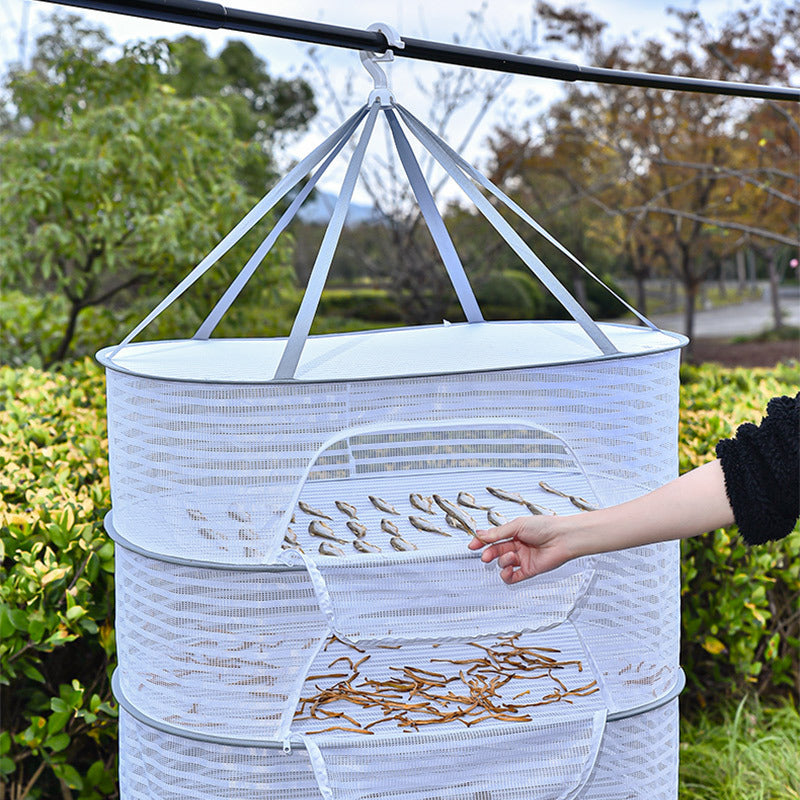 Foldable fish drying rack with non-toxic polyester mesh, suitable for shrimp, fish, fruits, vegetables, and herbs. Features a zipper fly cage for hanging drying. Ideal for outdoor storage.