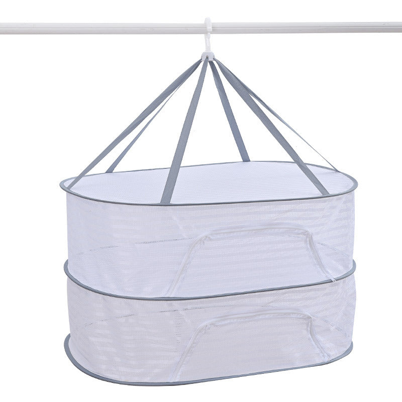 Foldable fish drying rack with non-toxic polyester mesh, suitable for shrimp, fish, fruits, vegetables, and herbs. Features a zipper fly cage for hanging drying. Ideal for outdoor storage.