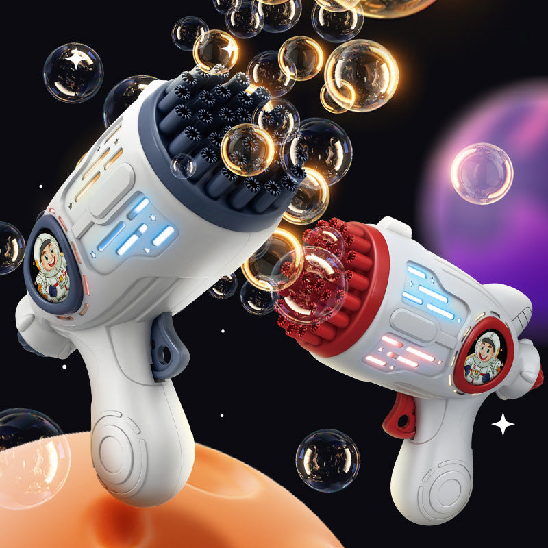 Colorful bubble shooter with automatic soap rocket - ideal for parties, weddings, anniversaries, and outdoor summer fun for kids.