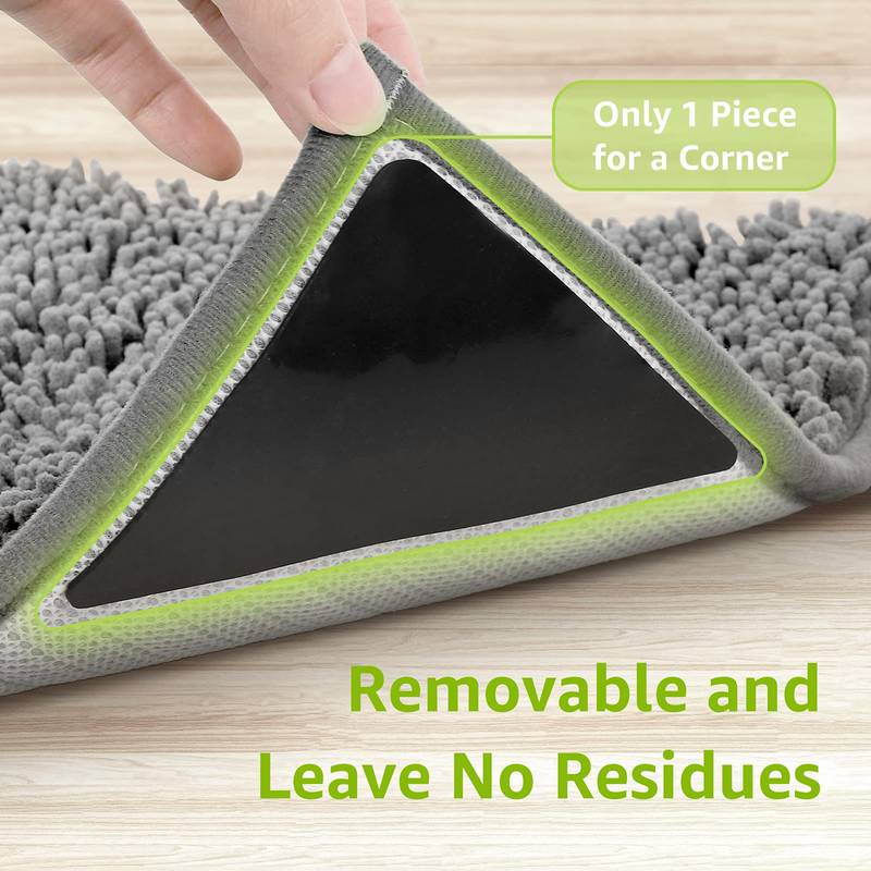 8 pieces of reusable and washable rug grippers that securely hold area rugs flat on hardwood floors and tiles, preventing them from shifting.