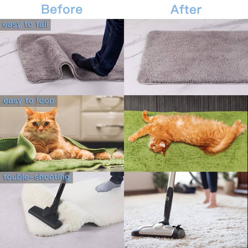 8 pieces of reusable and washable rug grippers that securely hold area rugs flat on hardwood floors and tiles, preventing them from shifting.