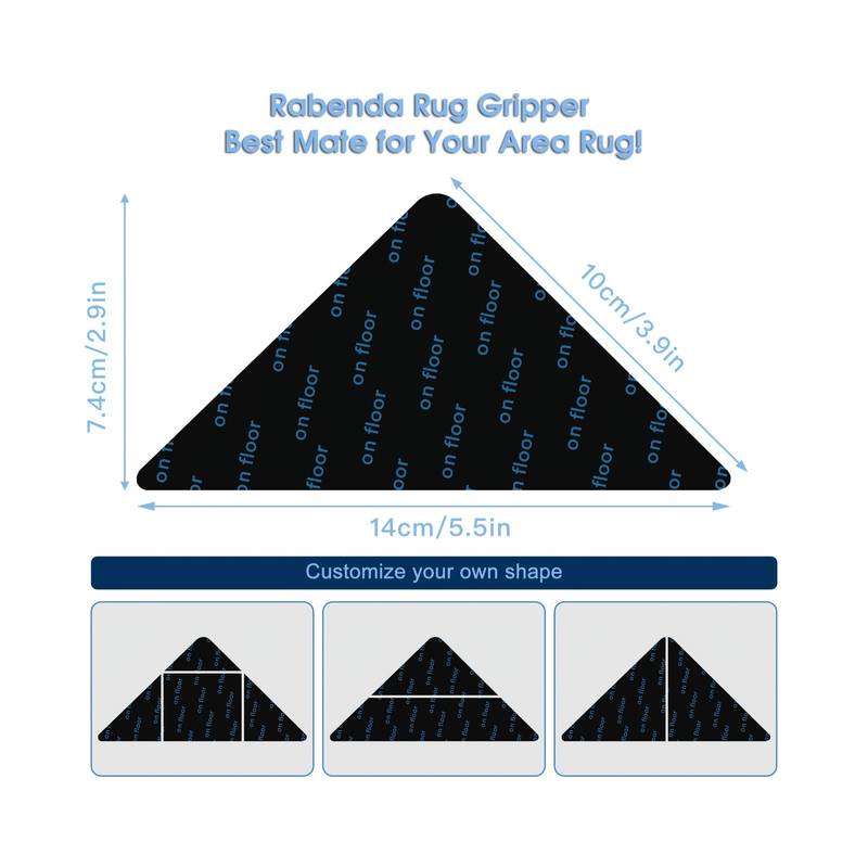 8 pieces of reusable and washable rug grippers that securely hold area rugs flat on hardwood floors and tiles, preventing them from shifting.