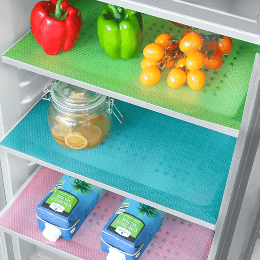 Washable refrigerator shelf liners mats, set of 6 pieces. Perfect for organizing home kitchen gadgets and accessories. Suitable for top freezer glass shelves, shelving cupboards, cabinets, and drawers. Available in blue, green, and red colors.