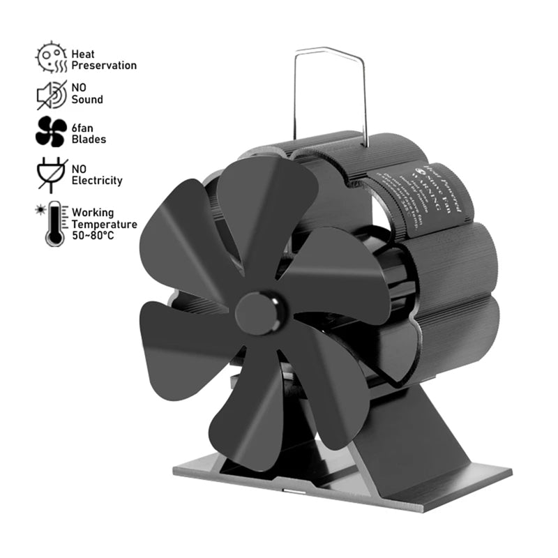 Premium 6-pichoq issiqlik bilan ishlaydigan pechka ventilyatori - yog‘in va qulay uy isitish uchun jim, samarali havo aylanishi, yog‘och va gaz yoqilg‘ichlari bilan - mustahkam alyuminiy qotishmasidan tayyorlangan, batareyasiz ishlash.