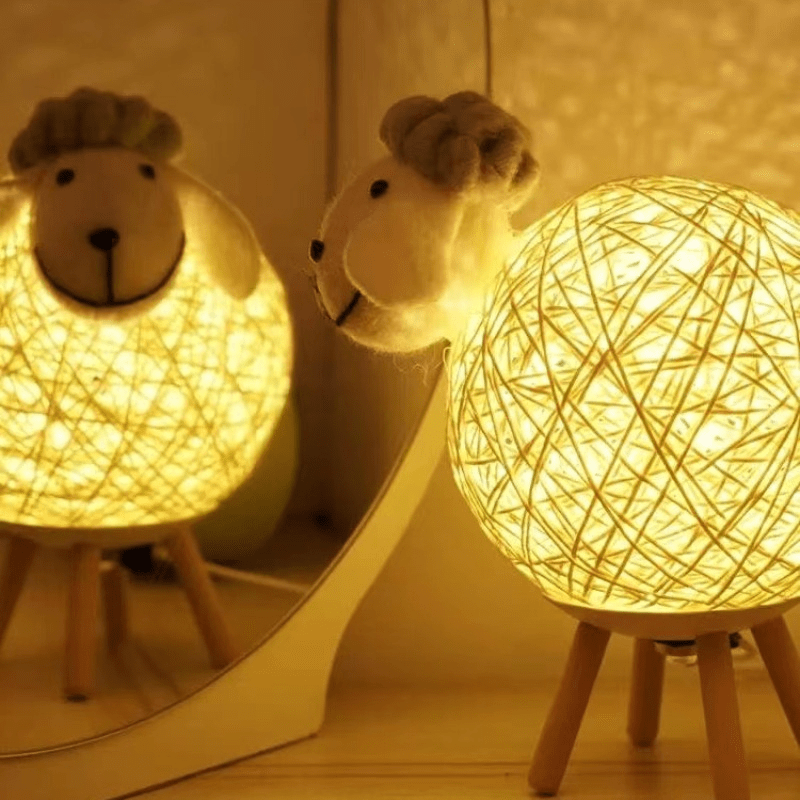 Handwoven LED sheep night light with remote control for bedroom decor and sleeping.