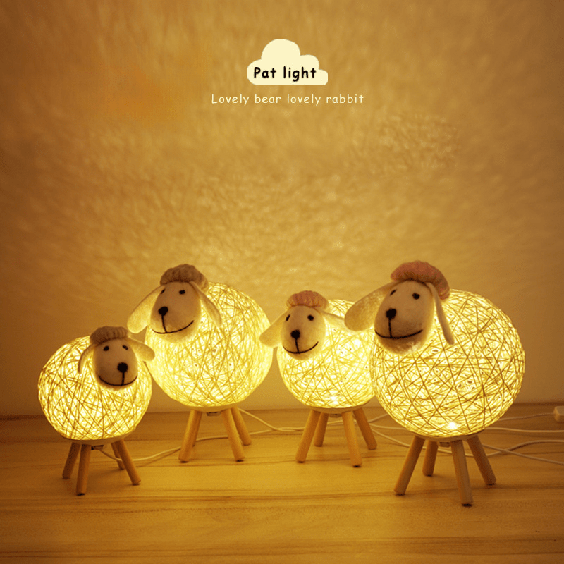 Handwoven LED sheep night light with remote control for bedroom decor and sleeping.