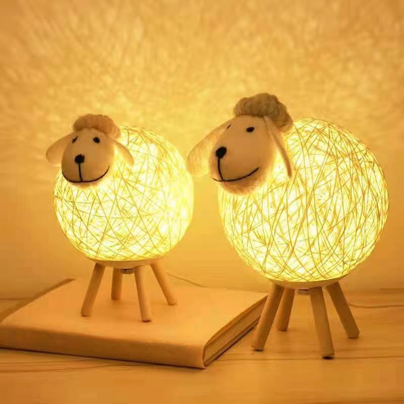 Handwoven LED sheep night light with remote control for bedroom decor and sleeping.