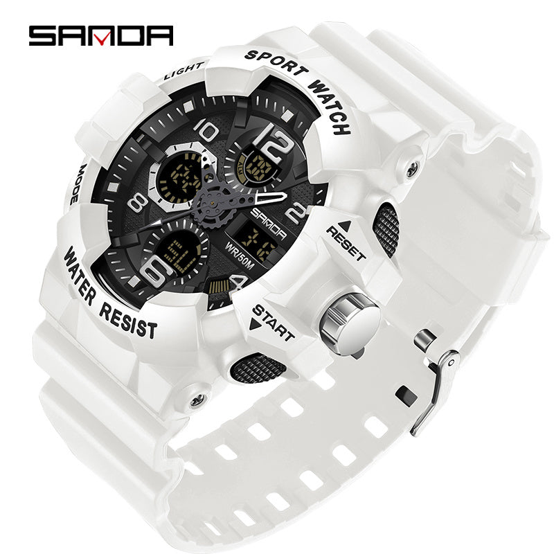 Black SANDA Men's Digital Sports Watch with Round Dial, 5ATM Water-Resistant, Shockproof, Electronic Movement, Silicone Strap, Powered by Button Battery.