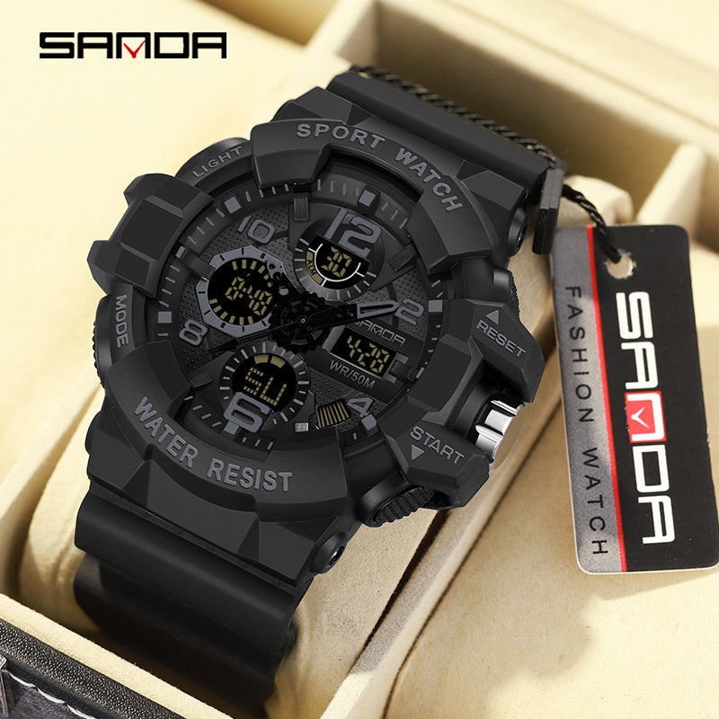 Black SANDA Men's Digital Sports Watch with Round Dial, 5ATM Water-Resistant, Shockproof, Electronic Movement, Silicone Strap, Powered by Button Battery.