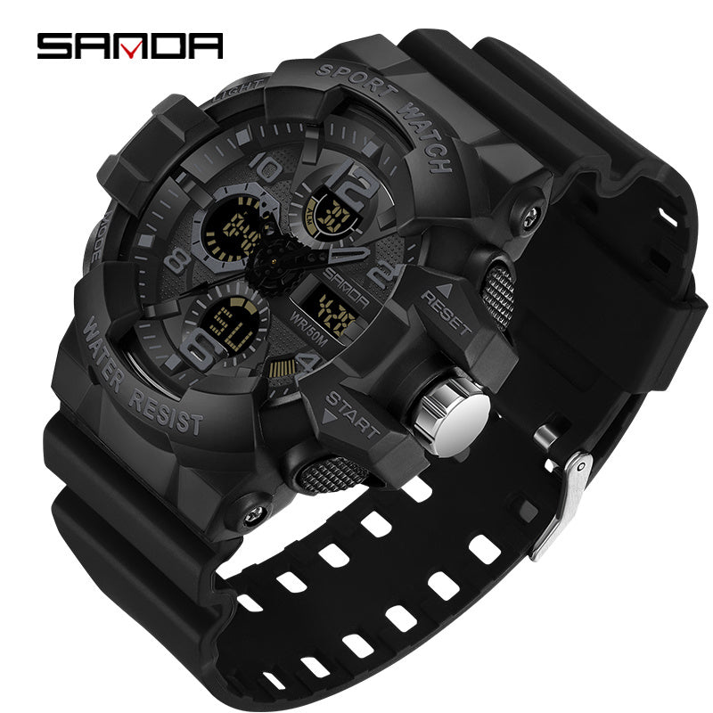 Black SANDA Men's Digital Sports Watch with Round Dial, 5ATM Water-Resistant, Shockproof, Electronic Movement, Silicone Strap, Powered by Button Battery.