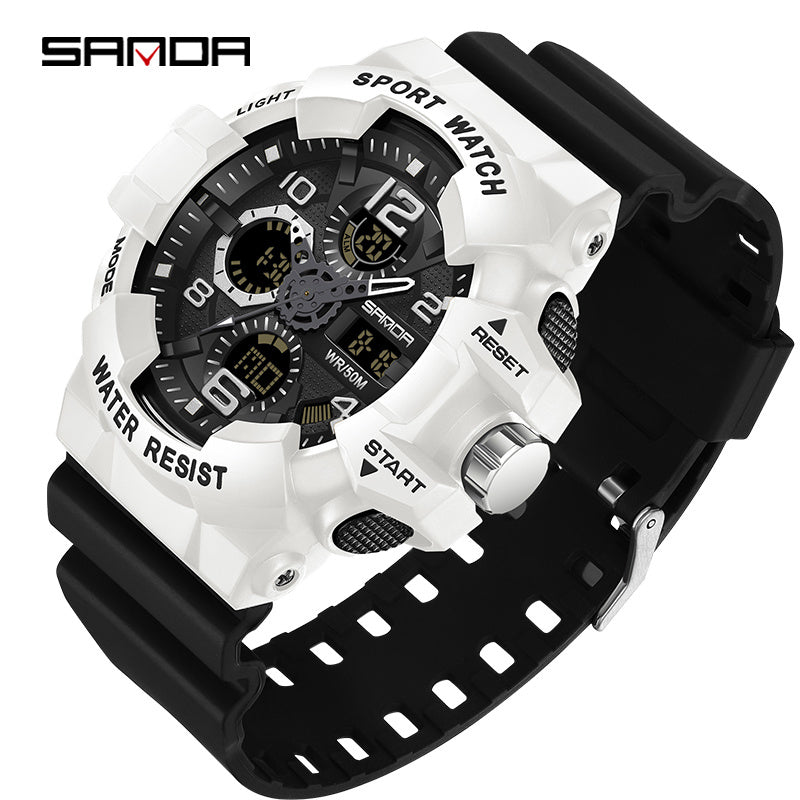 Black SANDA Men's Digital Sports Watch with Round Dial, 5ATM Water-Resistant, Shockproof, Electronic Movement, Silicone Strap, Powered by Button Battery.