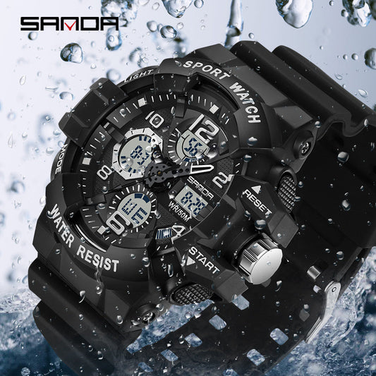 Black SANDA Men's Digital Sports Watch with Round Dial, 5ATM Water-Resistant, Shockproof, Electronic Movement, Silicone Strap, Powered by Button Battery.