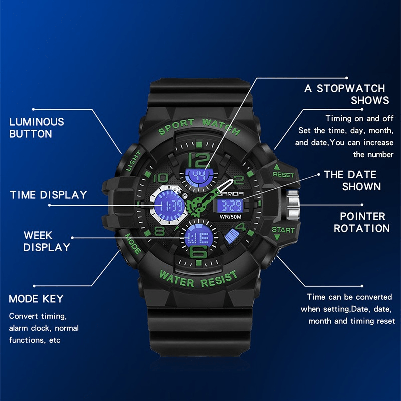 Black SANDA Men's Digital Sports Watch with Round Dial, 5ATM Water-Resistant, Shockproof, Electronic Movement, Silicone Strap, Powered by Button Battery.